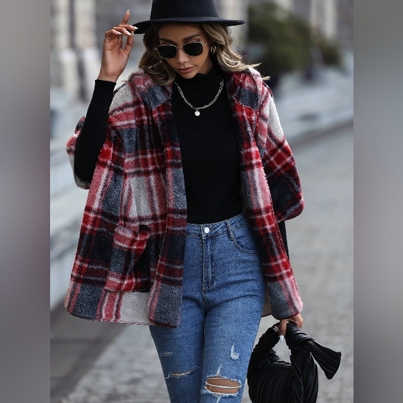 💥Plaid Open Front Hooded Poncho Cape Fleece Jacket - Picture 5 of 5